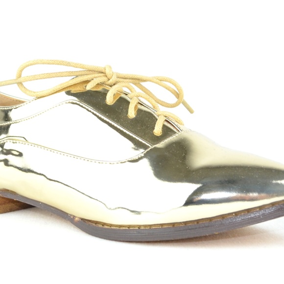 NEW Women's Gold Lace Up Low Stacked OXFORD Loafer - Picture 5 of 5